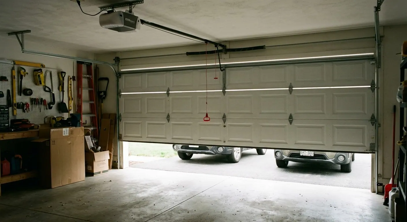 Garage door partially open with the emergency release cord visible